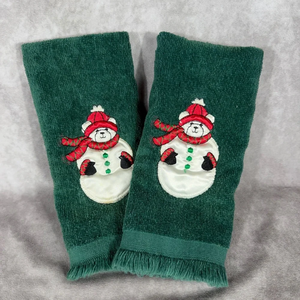 Vtg Christmas Fingertip Towels Lot 2 Green Embroidered Teddy Bear Snowman Fringe